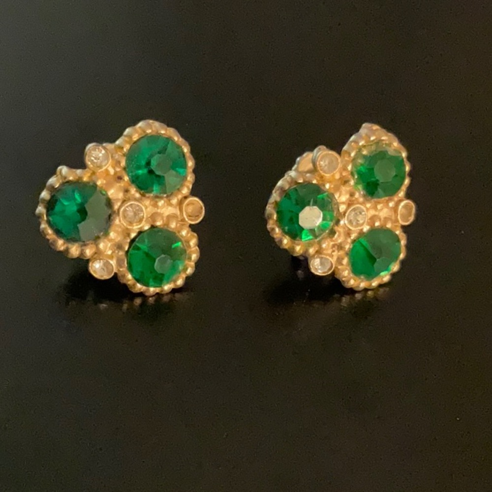 Vintage Forest Green Rhinestone Screw Back Earrings